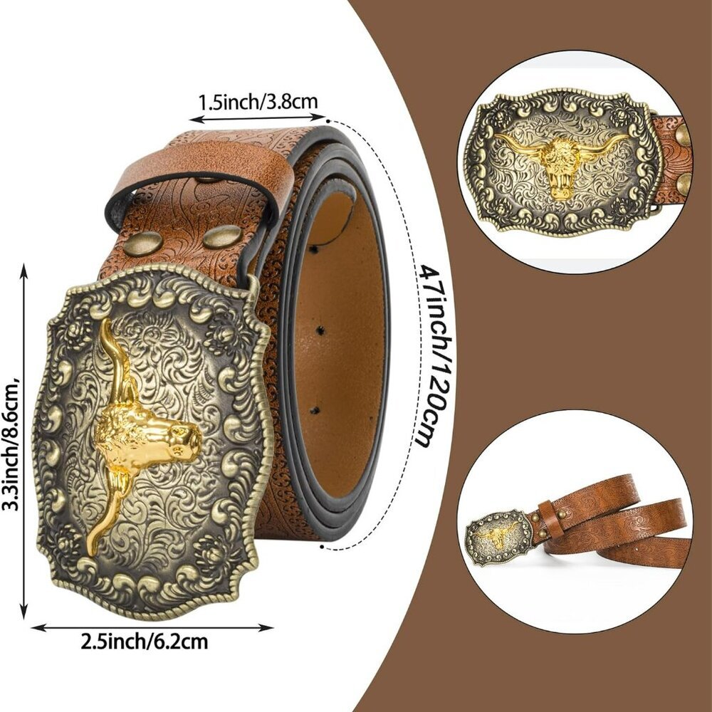 Western Cowboy Belts for Men Women - Bull Buckle Vintage Floral Engraved Belt fo - Picture 2 of 6